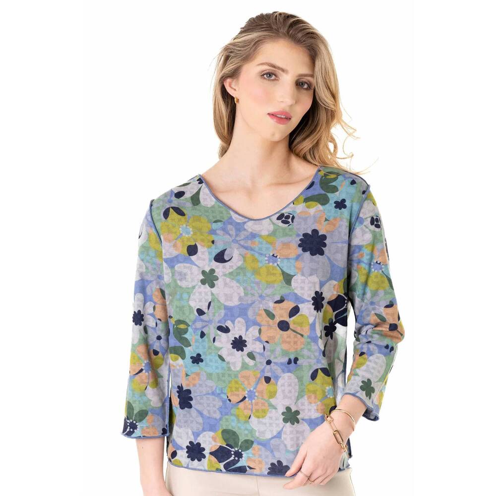 NEW TRISHA TYLER reversible garden print blouse in blue/yellow